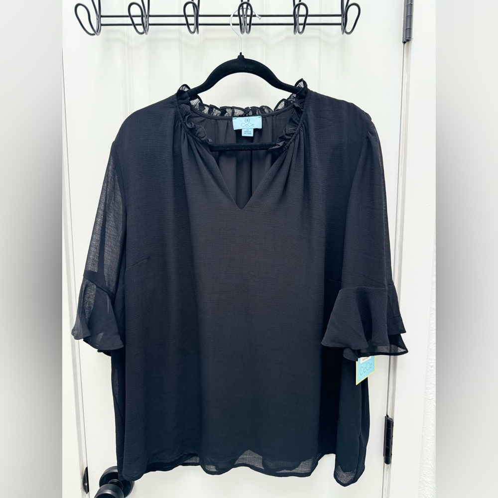 CeCe Black Ruffle Trim Blouse with sheer sleeves
